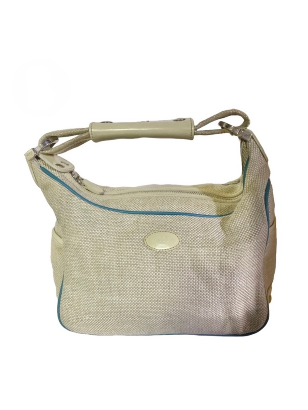 TOD'S NATURAL BEIGE TWEED SMALL TOTE BAG W/BLUE LEATHER TRIM